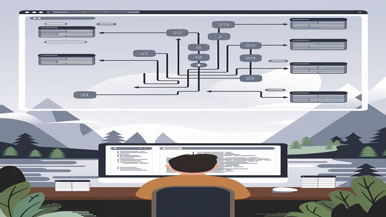A developer workspace with a terminal showing Django project initialization